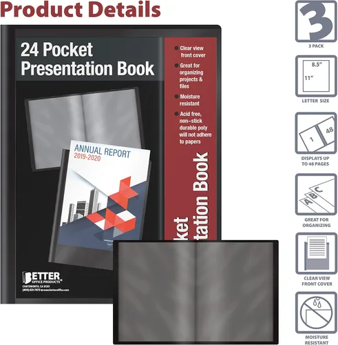 Vista 3 de Better Office Products Libro de presentación de protector de hojas encuadernado con 24 bolsillos, paquete de 3, vista frontal transparente
