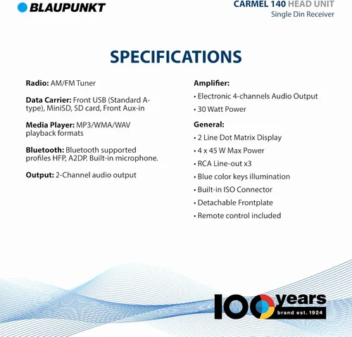Vista 3 de BLAUPUNKT Carmel 140 Single Din Multimedia MP3 Receptor USB Frontal Puerto - Negro