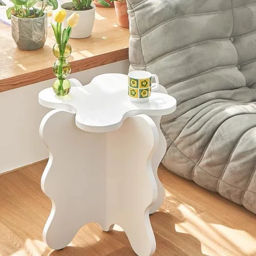 Vista 24 de HM&DX Mini mesa de centro de pétalos, mesa auxiliar de madera maciza con ondas de dibujos animados con patas en forma de X, mesa auxiliar