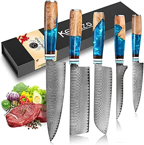 KEENZO Juego de cuchillos de Damasco 5 piezas, Juego de cuchillos de cocina profesional, Sharp Damasco Steel Chef Knife Set, 10Cr15CoMoV Juego de