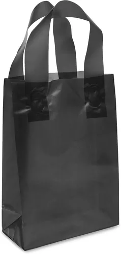 Vista 5 de Prime Line Packaging Bolsas de regalo de plástico, bolsas de mano esmeriladas con asas para compras, pequeñas empresas, negro esmerilado, venta al