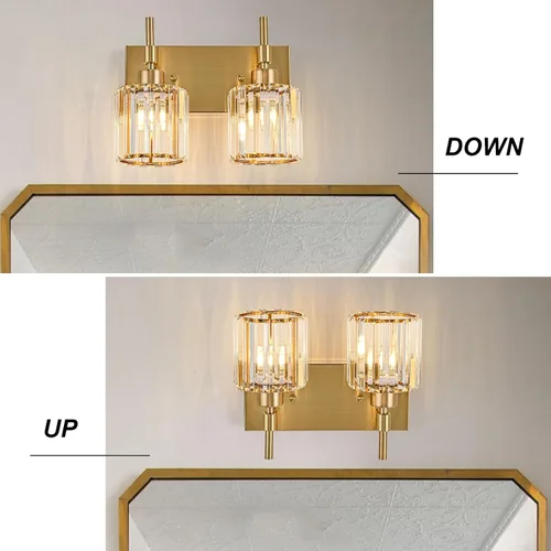 Vista 4 de Lámparas de baño doradas, 2 lámparas de tocador de cristal para baño, luces modernas de latón sobre espejo