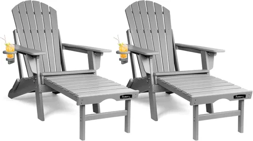 Vista 15 de FUNBERRY Silla Adirondack plegable ajustable con otomana retráctil, sillas para hogueras para todo tipo de clima con portavasos