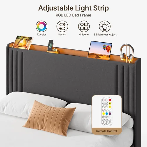 Vista 30 de Gizoon Base de cama matrimonial con cabecera de ala, plataforma tapizada con cabecera geométrica moderna, listones de madera, sin ruido, no necesita