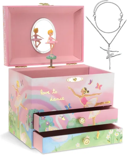 Jewelkeeper Caja de música y juego de joyas de bailarina para niñas pequeñas, 3 regalos de bailarina para niñas, joyero musical de bailarina para