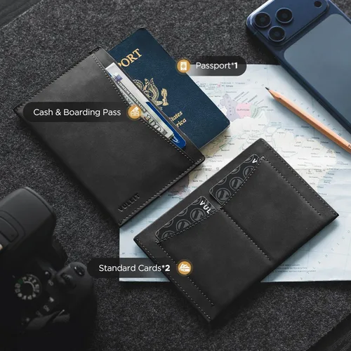Vista 3 de VULKIT Funda para pasaporte, diseño ultradelgado, funda de piel para pasaporte, bloqueo RFID con 2 ranuras para tarjetas, artículos esenciales