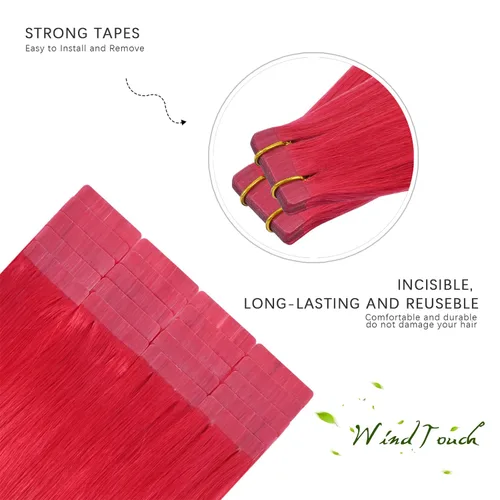 Vista 3 de WindTouch Extensiones de cabello humano con cinta adhesiva, color rojo, 20 unidades, 14 pulgadas, #rojo, 1.06 oz