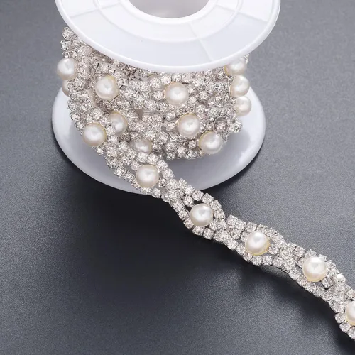 Vista 8 de Jerler Cadena de diamantes de imitación de cristal de 1 yarda, cuentas de perlas incrustadas para decoración de bricolaje y adornos de novia, ideal