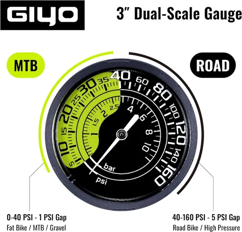 Vista 2 de GIYO Bomba de piso para bicicleta – Calibre de doble escala de 3 pulgadas – carretera y MTB Funcionamiento con una sola mano – Válvula inteligente