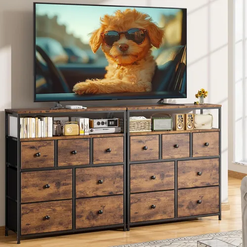 Vista 14 de EnHomee Soporte de TV para dormitorio con 7 cómodas y 2 estantes abiertos, cómodas y cómodas para pasillo, entrada, dormitorio, gris