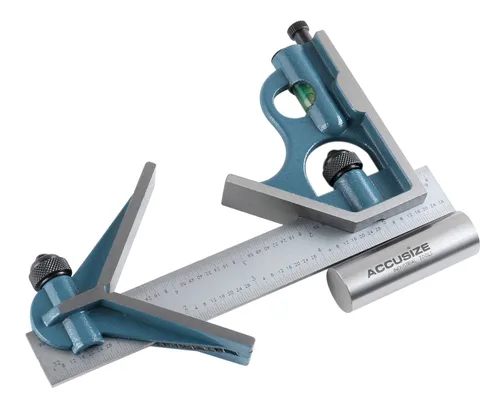 Vista 2 de Accusize Industrial Tools Juego de regla cuadrada combinada de 3 piezas de 6 pulgadas, transportador satinado, graduación 4-R, 0000-8100