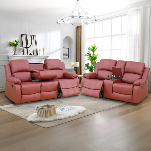Vista 35 de Juego de Muebles para Sala de Estar, Juego de Sofá Reclinable Manual, Juegos de Sofás Reclinables de Cuero Beige con Mesa Desplegable, Sofá