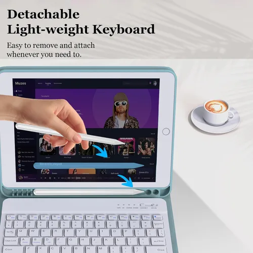 Vista 4 de MMK Funda de teclado para iPad de 10.2 pulgadas 9ª/8ª/7ª generación 2021/2020/2019, teclado inalámbrico BT desmontable con cubierta protectora