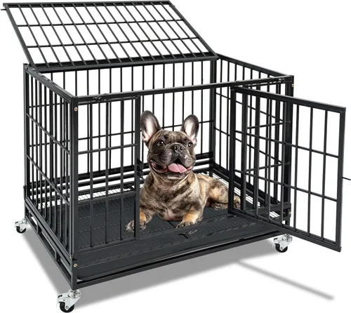 Vista 15 de Jaula para perros resistente de 36 pulgadas, jaula apilable para perros, a prueba de escapes, con bandeja extraíble, ruedas universales