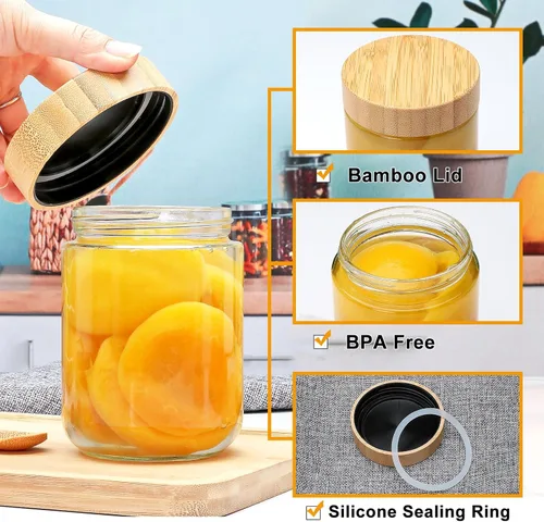 Vista 4 de Encheng Tarros de vidrio de 16 onzas con tapas, recipientes de avena nocturna con tapas de bambú, frascos Mason de vidrio de boca ancha, recipientes