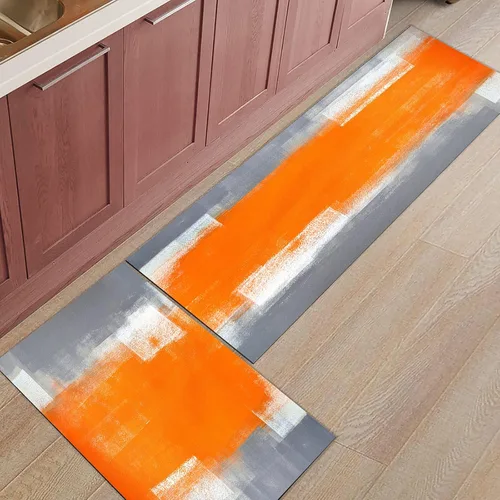 Vista 3 de Kitchen Rug Mats Set of 2 Piece Orange and Grey Non Slip Cushioned Rug Farmhouse Abstract Art Painting Anti-Fatigue Washable Comfort Floor Mat