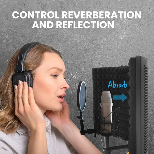 Vista 5 de PyleUsa Escudo de aislamiento para micrófono - Cabina de grabación de 3 paneles con absorción de ruido, filtro acústico de estudio, amortiguación