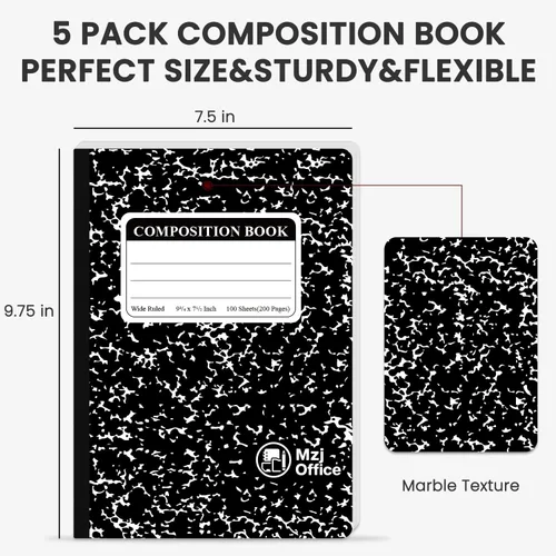 Vista 2 de Cuaderno de composición de mármol, paquete de 5 cuadernos de composición a granel con rayas anchas, 100 hojas (200 páginas) 7-1/2 x 9-3/4 pulgadas