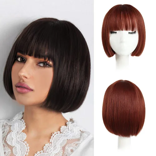Pelucas Bob con flequillo, peluca de cabello castaño rojizo de 10 Caoba
