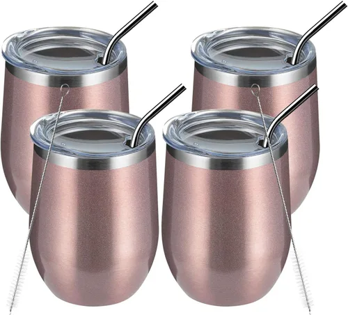 Vista 48 de MEWAY Vaso de vino sin tallo de 12 onzas con tapa, vaso de viaje de acero inoxidable con aislamiento de doble pared al vacío con popote, para Negro