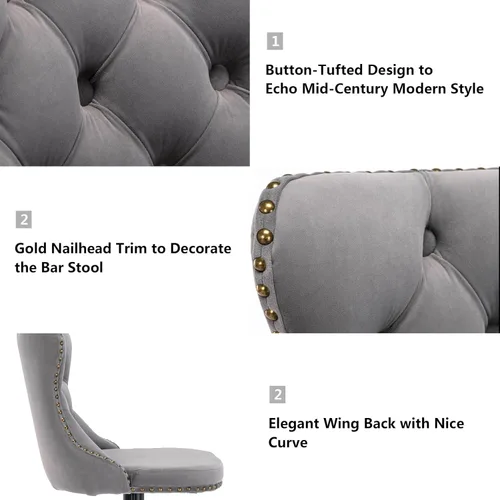 Vista 62 de Aoowow Juego de 2 taburetes de bar giratorios, taburetes de bar ajustables con respaldo de terciopelo copetudo, sillas de bar modernas tapizadas