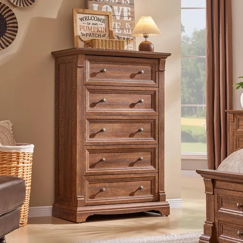 Vista 13 de Cómoda estilo granja de 6 cajones para dormitorio, cómodas y cajoneras grandes de 54" de ancho con columna romana, soporte de TV de madera