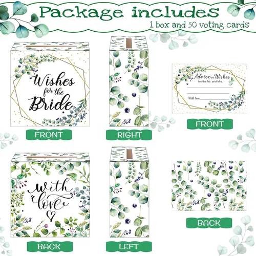 Vista 2 de Outus Caja de tarjetas de boda de verde salvia, 51 piezas, caja de tarjetas de despedida de soltera, bautismo para decoraciones de boda, soporte