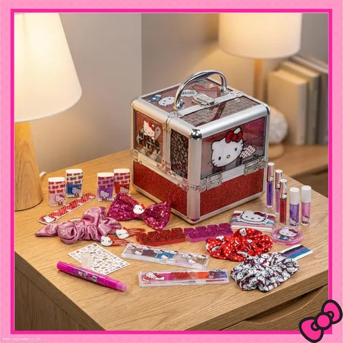 Vista 9 de Estuche de Maquillaje Cosmético Hello Kitty Train Case Incluye Brillo de Labios, Sombra de Ojos, Esmalte de Uñas, Accesorios para el Cabello y Más!