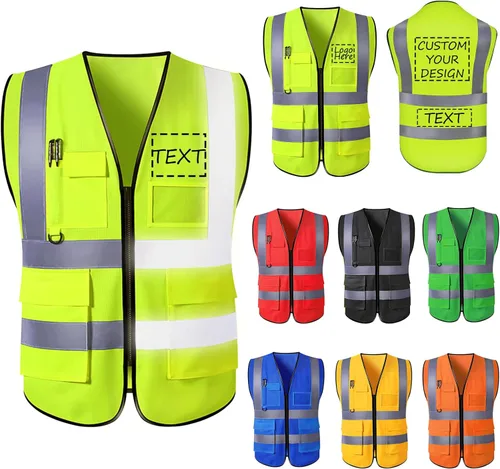 Vista 7 de Chaleco de seguridad con logotipo personalizado para hombre, chaleco de trabajo protector de alta visibilidad con reflectante