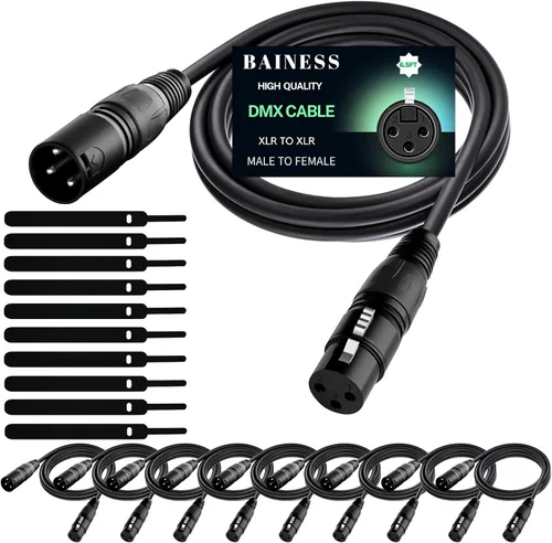 Vista 12 de Cable DMX flexible de 10 pies de señal XLR macho a hembra, cable DMX para iluminación de escenario, luces de DJ, cabezal móvil y accesorios LED par