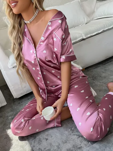 Vista 4 de WDIRARA Conjunto de pijama de manga corta y pantalones de satén a rayas para mujer