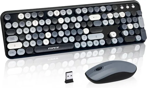 Vista 18 de FOPETT Combo de teclado y ratón inalámbrico, 104 teclas de tamaño completo 2.4 GHz, teclados coloridos con teclas redondas, receptor USB Plug and