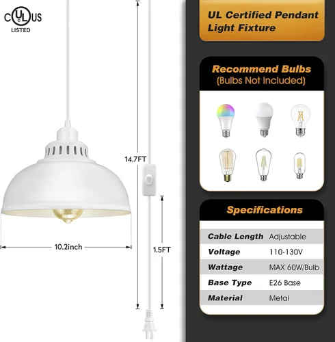 Vista 3 de Lámpara colgante enchufable, luces colgantes de 15 pies con cable de enchufe, interruptor de encendido/apagado, lámpara colgante industrial