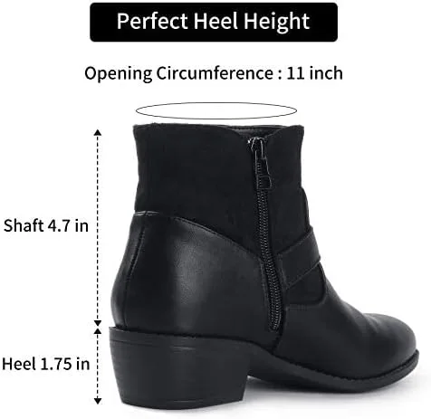 Vista 5 de Trary Botines para mujer, punta redonda, tacón bajo, botines con cremallera lateral, botines de invierno con hebilla, con forro polar