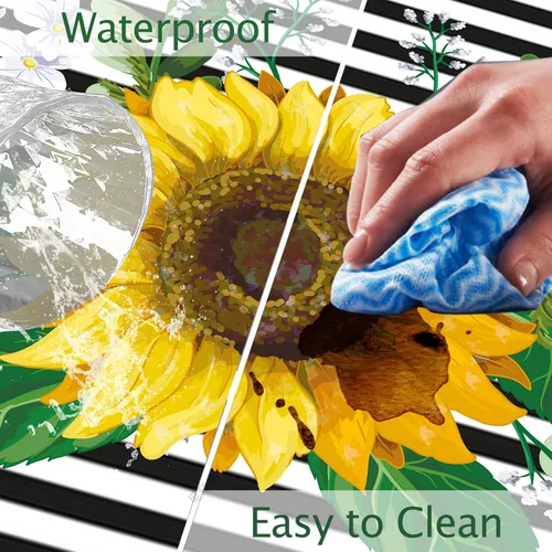 Vista 4 de Tucocoo Mantel impermeable a rayas de girasol, mantel para mesa plegable para mesas de 6 pies, cubierta de plástico con borde elástico para picnic