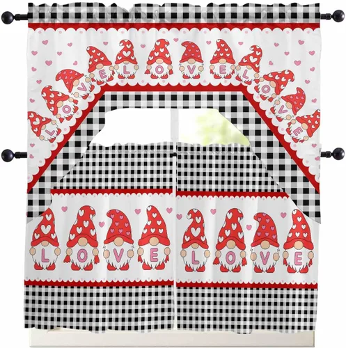 BEMIGO Cortinas de cocina lindas de gnomos de San Valentín para pareja, juego de cortinas y cenefa para ventana de cocina, cenefa de bolsillo con