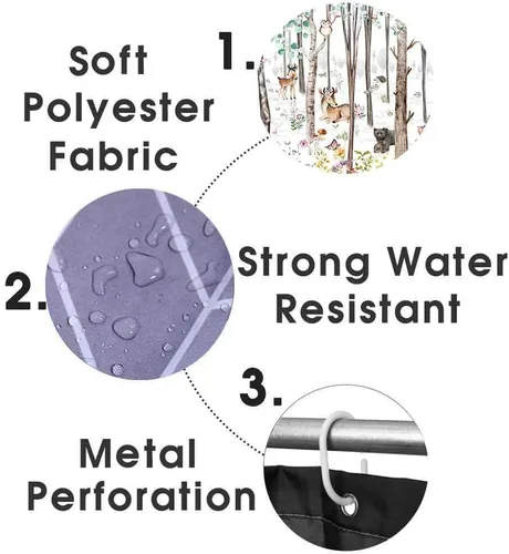 Vista 77 de Camille&Andrew - Juego de 4 cortinas de ducha de tela de ciervo rústico negro, alce, alce, pino, luna, casa de campo, panel rústico, tablero