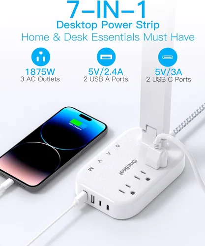 Vista 2 de Tira de alimentación con lámpara LED de escritorio, cable de extensión de 10 pies con 3 tomas, 4 puertos USB (2 USBC), 4 modos, lámpara táctil de 5