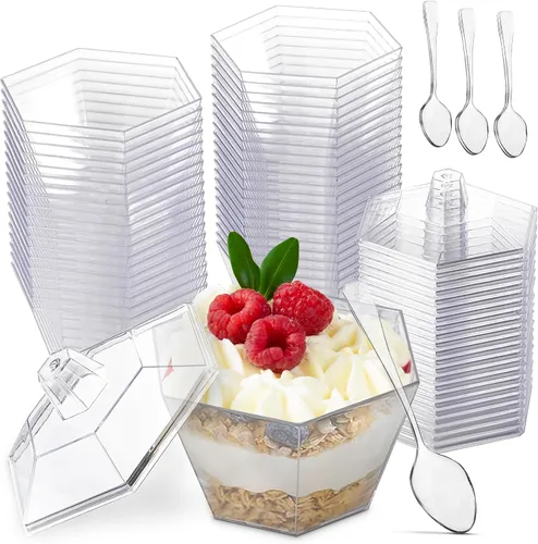 Mini tapas y cucharas hexagonales incluidas, 3.3 onzas, 40 unidades, plástico transparente, seis caras, taza de flores, taza de postre, para servir,