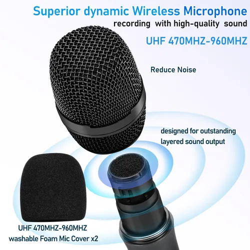 Vista 2 de Sistema de karaoke de micrófono inalámbrico con receptor Bluetooth recargable, micrófono inalámbrico dinámico de mano profesional, rango UHF de 200