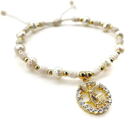 Vista 2 de Medalla colgante de arcángel de San Miguel en cordón ajustable de marfil y perlas de agua dulce pulsera ajustable