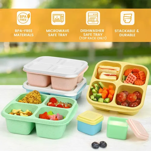 Vista 4 de Caperci Recipientes para aperitivos con 4 compartimentos (paquete de 4) con 2 tazas de salsa a prueba de fugas, recipientes divididos reutilizables