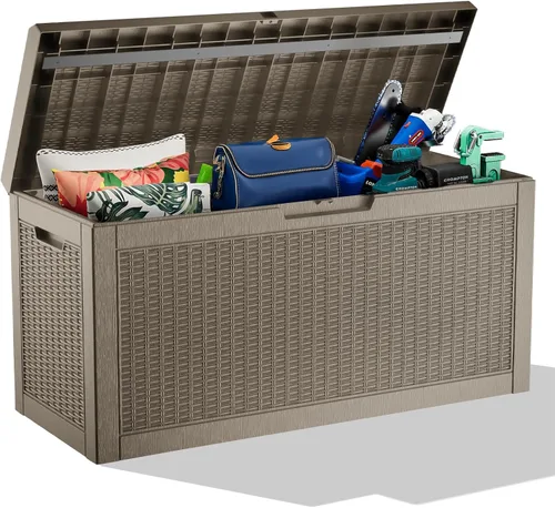 Vista 26 de Caja de cubierta de resina impermeable de 30 galones, resistente a los rayos UV, almacenamiento al aire libre para jardín, patio, porche, entrega