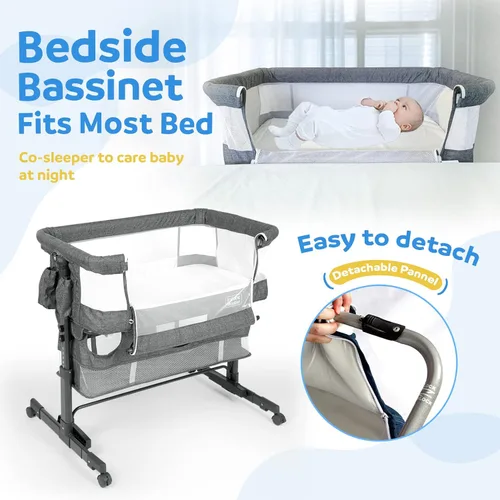 Vista 5 de Cuna de bebé 3 en 1, mejorada junto a la cuna con pared de malla altamente visible de 360°, cómoda cuna con colchón, altura ajustable de 5 niveles