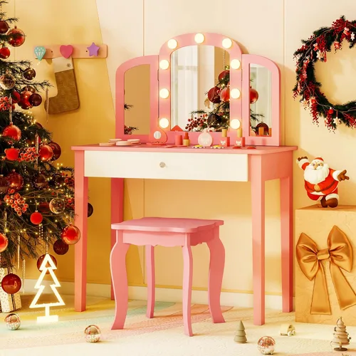 Vista 12 de Costzon Vanity - Juego de tocador para niñas con espejo plegable de tres piezas, taburete, cajón de almacenamiento, tocador de maquillaje