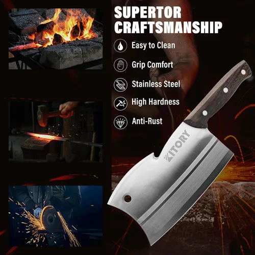 Vista 5 de Kitory Cuchillo de chef chino de 7 pulgadas, cuchillo de chef chino con mango de madera de wengué, cortador de huesos de cuchillo de carnicero