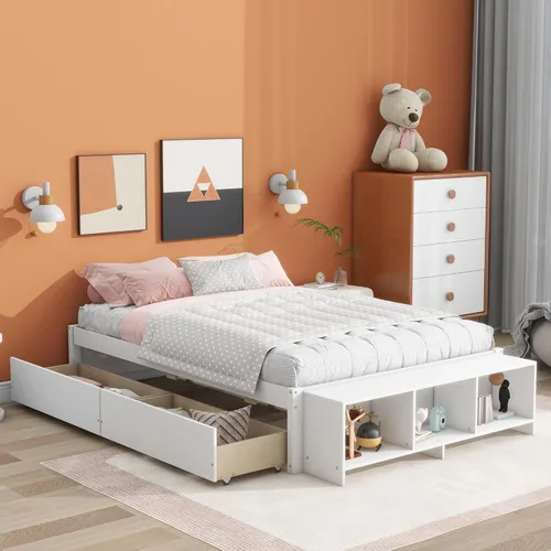 Vista 8 de Lakifun Cama de plataforma de tamaño matrimonial con estuche de almacenamiento y 2 cajones, marco de cama de madera maciza con listones de soporte