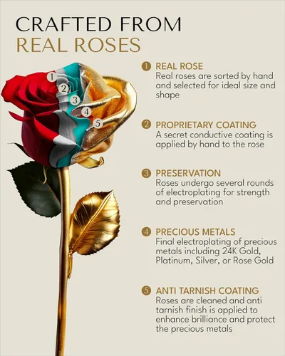 Vista 2 de Forever Rose Rosa real bañada en oro de 24 quilates, hecha a mano, flor preservada de larga duración en corazón acrílico (una rosa) y caja dorada