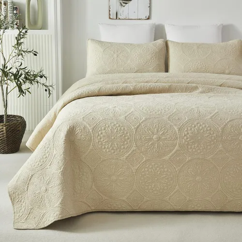 Vista 7 de Brandream juego de cama de lujo de 3 piezas, color blanco, de gran tamaño, juego de edredón, tamaño queen Beige