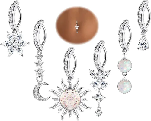 JOERICA 6 anillos de ombligo de acero quirúrgico 316L de 14 G para mujer, diseño de mariposa, serpiente, mal de ojo, corazón de ópalo, circonita
